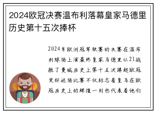 2024欧冠决赛温布利落幕皇家马德里历史第十五次捧杯 2024欧冠决赛温布利落幕皇家马德里历史第十五次捧杯