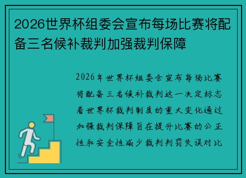 2026世界杯组委会宣布每场比赛将配备三名候补裁判加强裁判保障